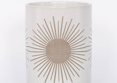 Large Sunrise to Sunset planter Pot by Citrine with golden sun design on natural white. 