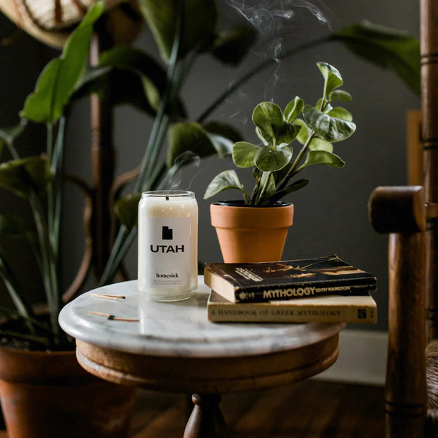 Cream soy wax hand poured Utah Candle by Homesick in glass jar set in moody dark interior with plants and books.